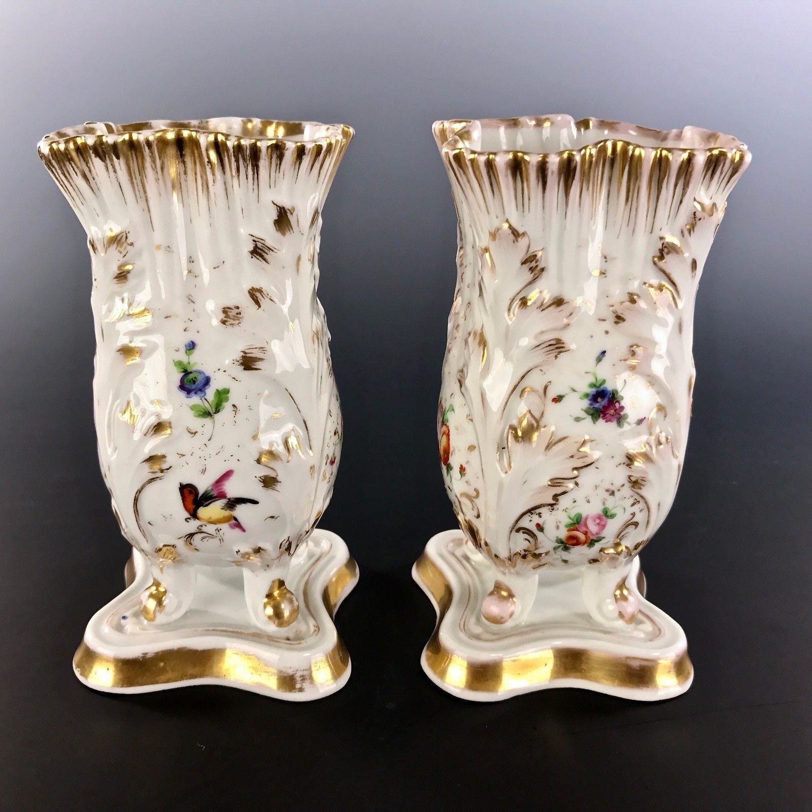 Antique OLD PARIS PORCELAIN Mantle Vases Hand Painted Birds Flowers