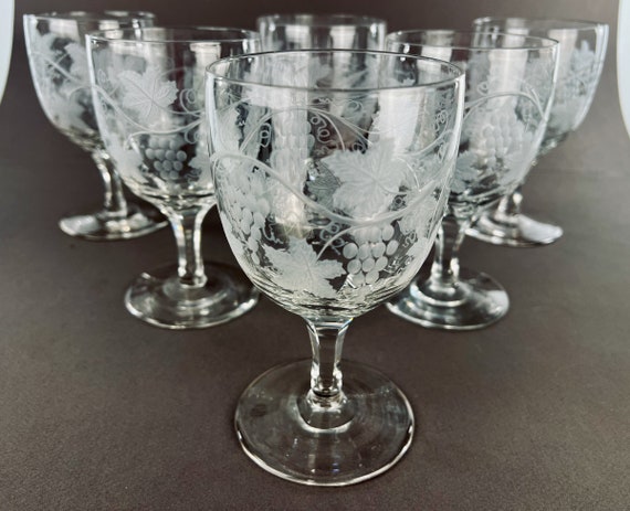 Antique Water Goblets Engraved Grapes and Vines Fine Hand Blown crystal 6 Pcs