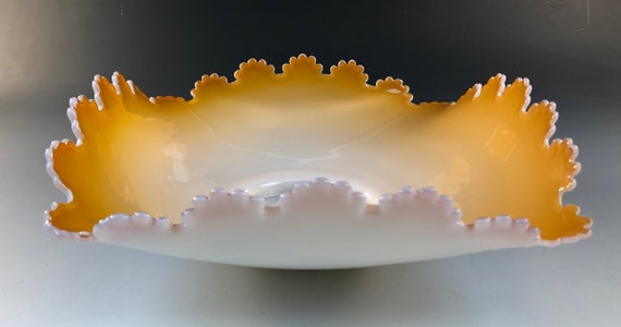 Antique BOHEMIAN GLASS Bride's Basket Insert Cased Orange & White Glass Fancy Dagged Edge