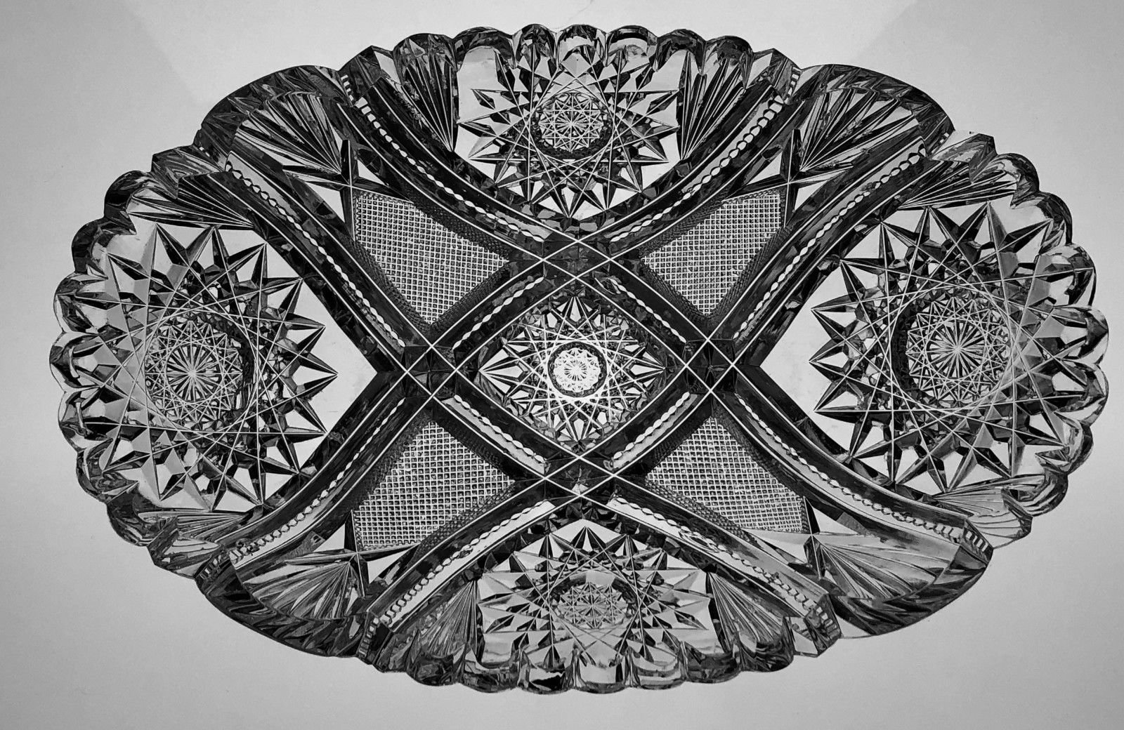 Antique American Brilliant Cut Glass Oval Bread Tray Spectacular Cutting