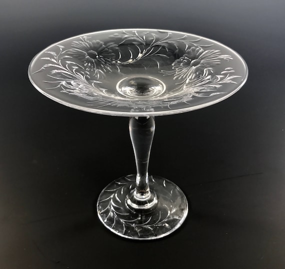 Vintage Lovely Wheel Cut Engraved Compote Very Nice Floral Design
