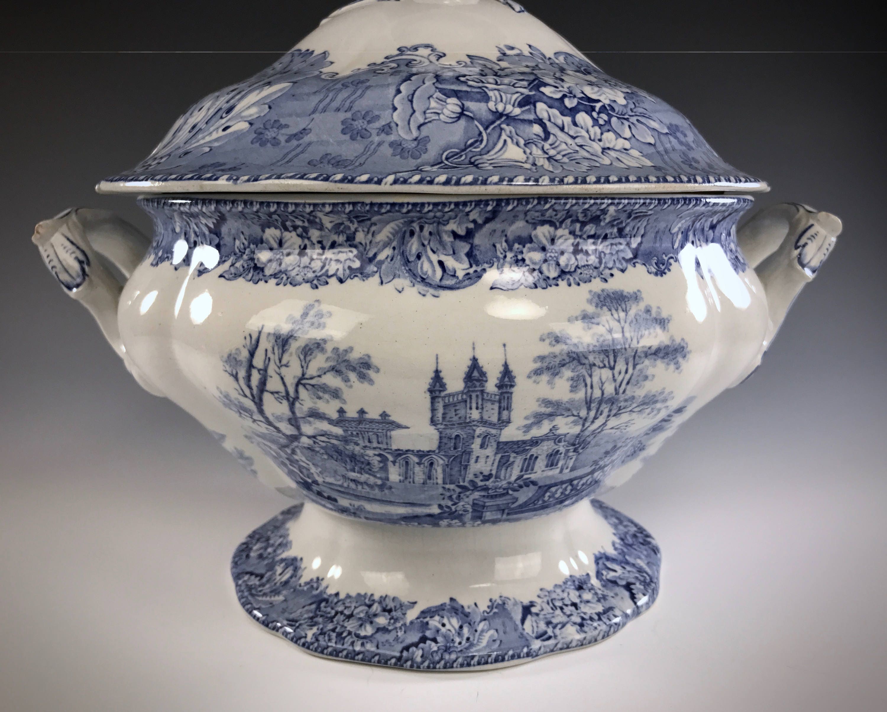 Antique ENGLISH STAFFORDSHIRE Blue And White Castles Transferware