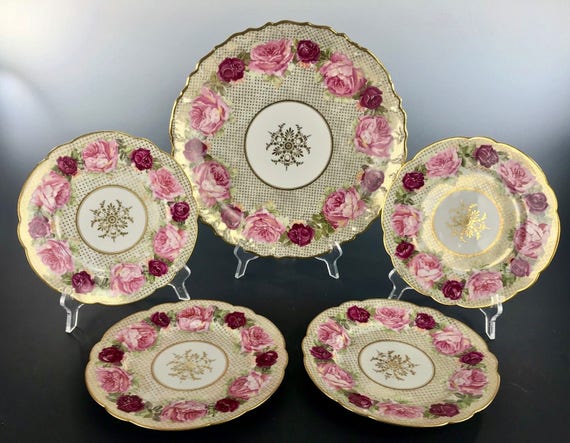 Antique LIMOGES ROSES Lg Platter and 4 Side Plates D&C France Bernardaud and Co Stamps