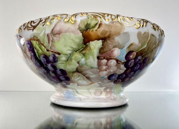 Antique T&V Limoges Punch Bowl Hand Painted Grapes Signed Margaret T. Hedge and Dedicated to M/M Charles G. Smith April 1901