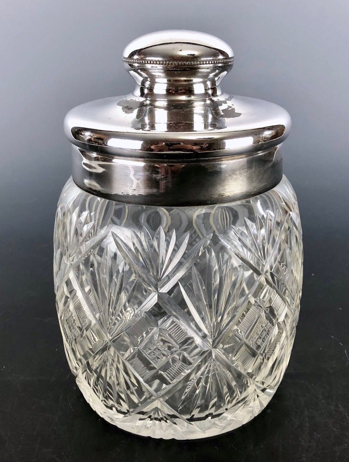 Antique CUT GLASS Humidor or Tobacco Covered Jar Silverplate Top