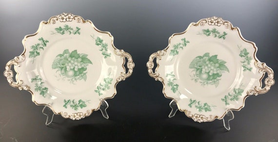 Antique ENGLISH Porcelain Fancy Shape 2 Underplates Green Grape Transfer Decorations