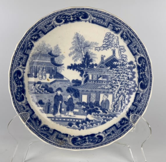 Antique Chinese Export Saucer Blue & White Pastoral Scene
