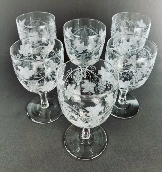 Antique Water Goblets Engraved Grapes and Vines Fine Hand Blown