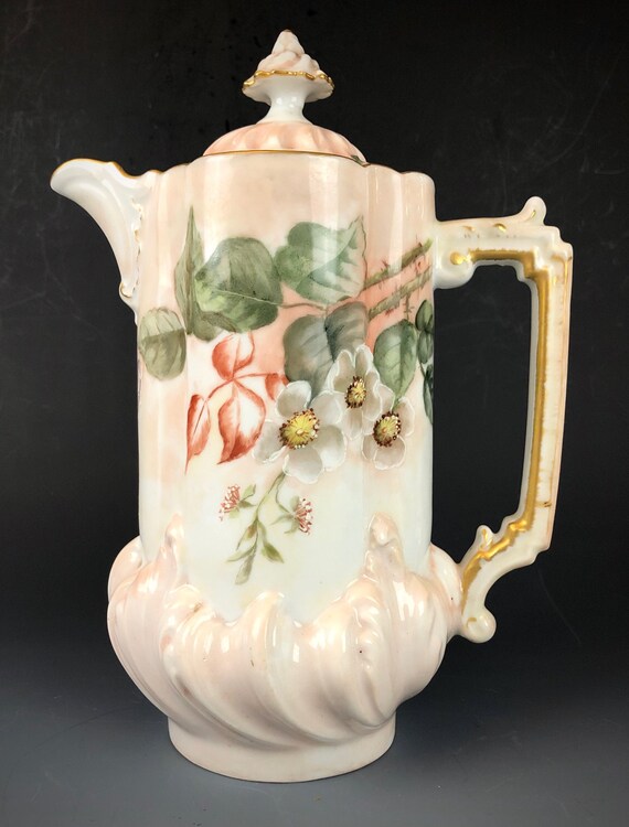 Very Nice Antique Hand Painted German Chocolate Pot Wild Rose Decoration