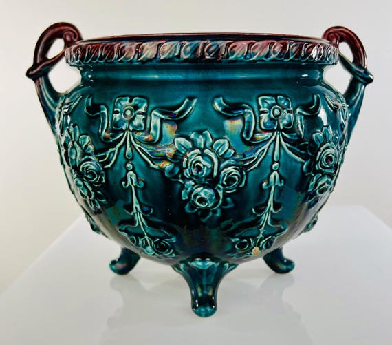 WELLER POTTERY Antique Jardinière Teal Burgundy Rose Garlands