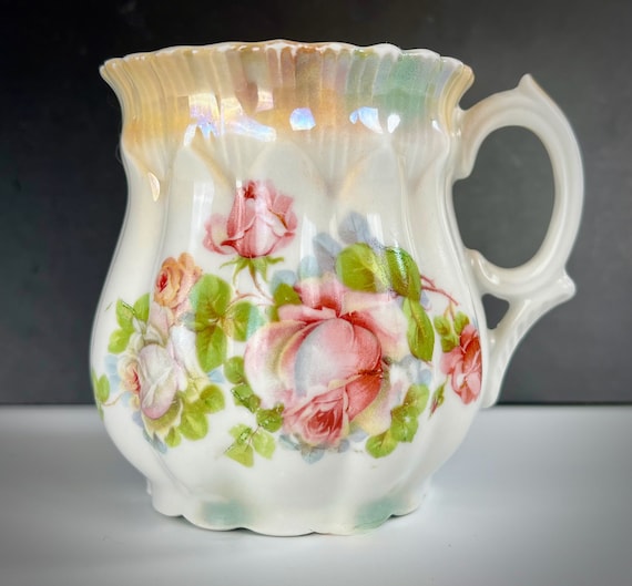 Antique German Fancy Transferware Mug Pink Roses Blue & Green Leaves