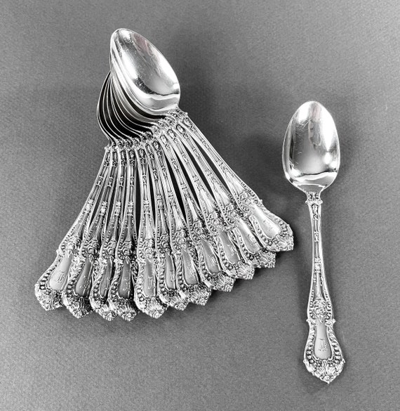 Antique WHITING Dorothy Vernon 12 Sterling Silver Teaspoons 1909 Monogram L