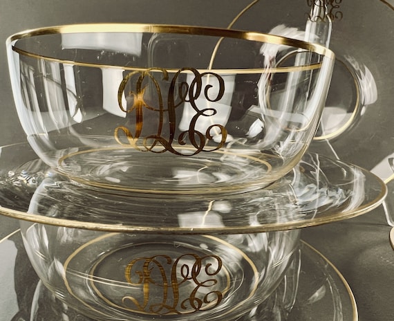 Antique Set of Hand Blown Finger Bowl w Underplates Clear Crystal With Gilt Trim Monogram Cipher DLE