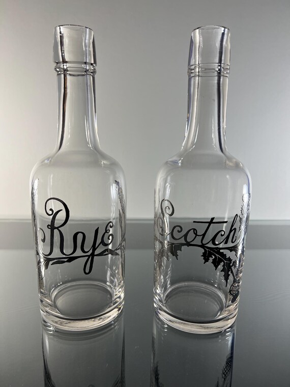 Antique Bar Spirits Bottles SCOTCH and RYE w silver Botanical Decoration 2 PCS