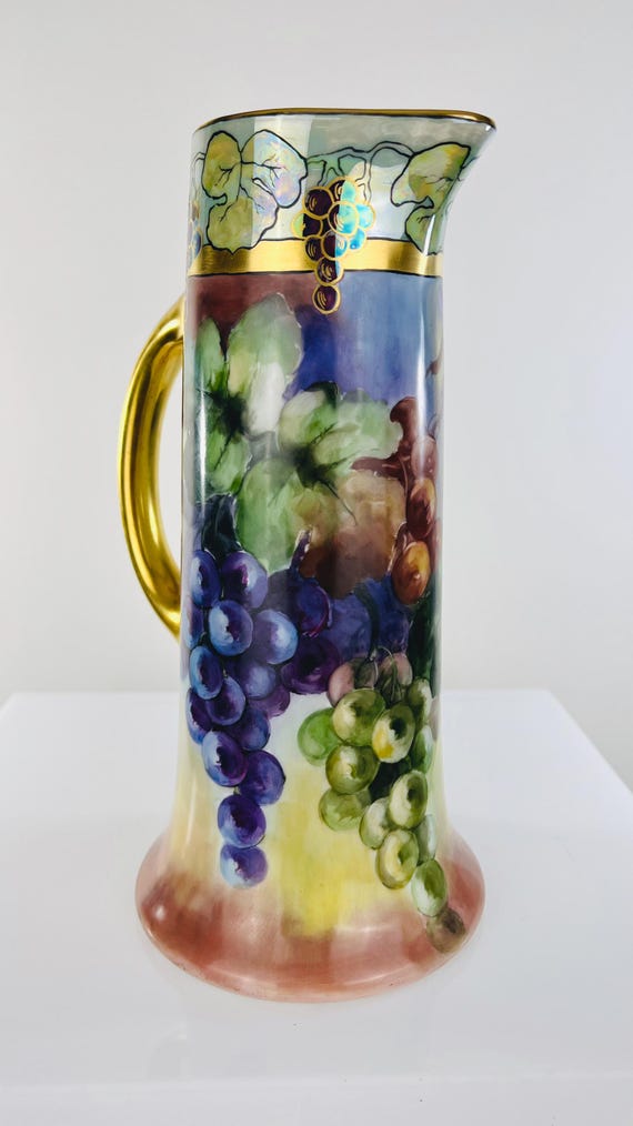 JEAN POUYAT Limoges Antique Hand Painted Wine Tankard Grapes Decoration