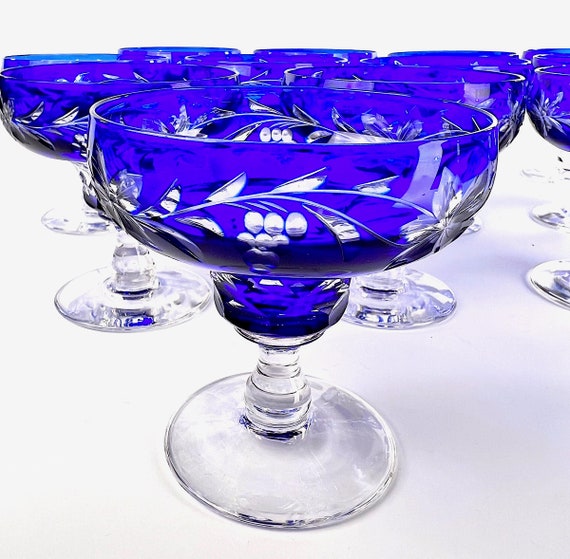 Vintage Val St Lambert 12 PCS Cobalt Blue VIGNES Pattern Champagnes Saucers 4"