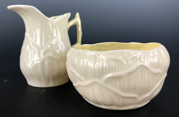 Antique BELLEEK "Luster Lily" Pattern Creamer and Sugar Green Mark