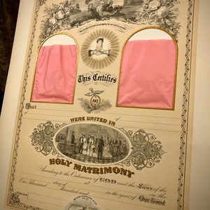 Certificat de mariage victorien original ancien inutilisé NSA New Old Stock avec cadres photo