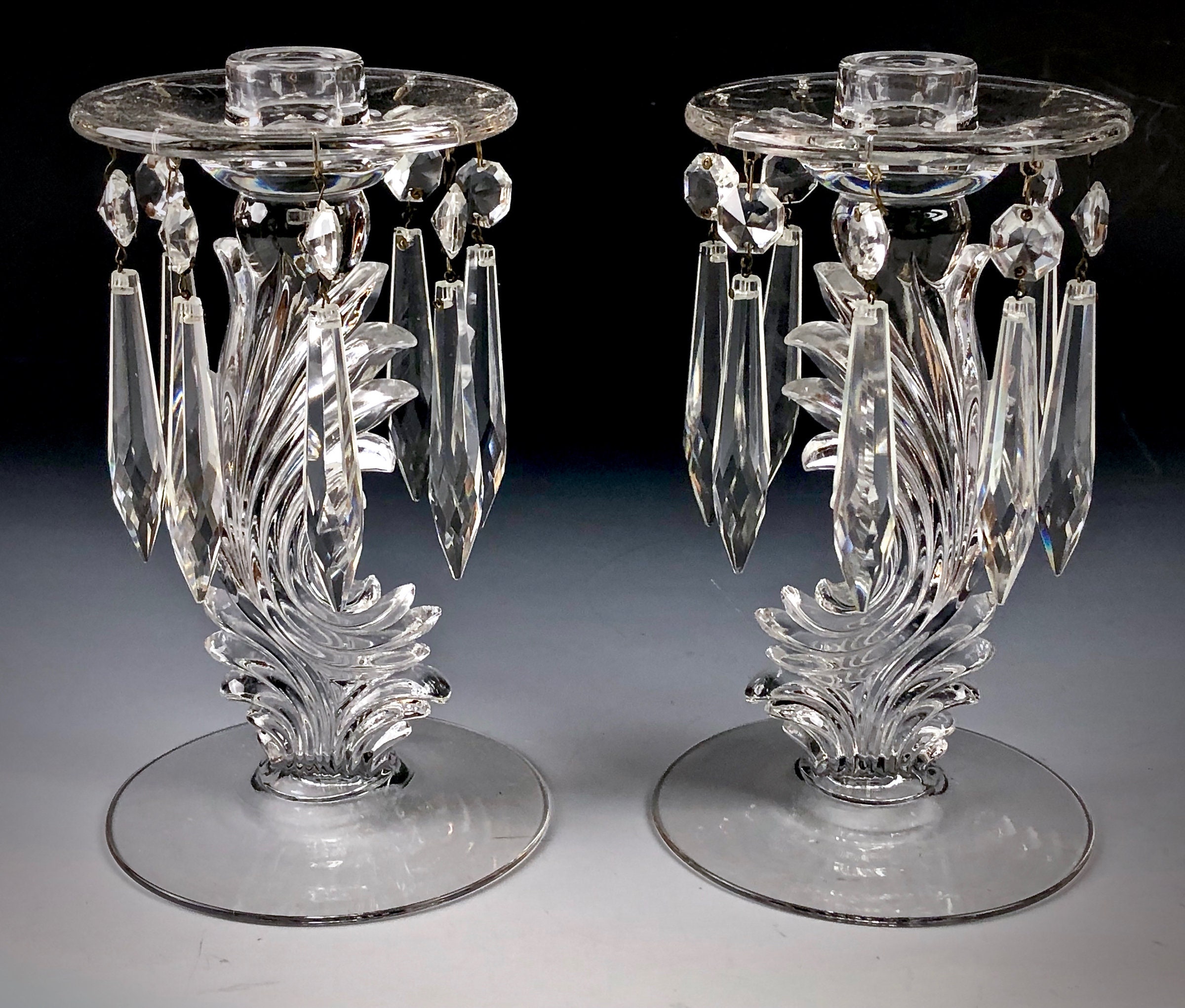 FOSTORIA Baroque Pattern Pair of Single Light Candlesticks with Prism Drops