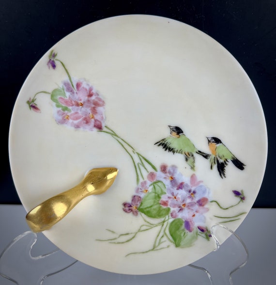 Antique Gilt Handled Painted Serving Dish Hand Painted Violets & Birds BAVARIA