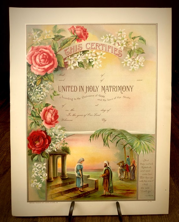 Antique Original Victorian NOS Marriage Certificate Lithographic Print with Roses and Autumn Clematis