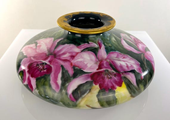 Antique Porcelain T&V Limoges Flower Center Vase Handpainted Orchids 10"