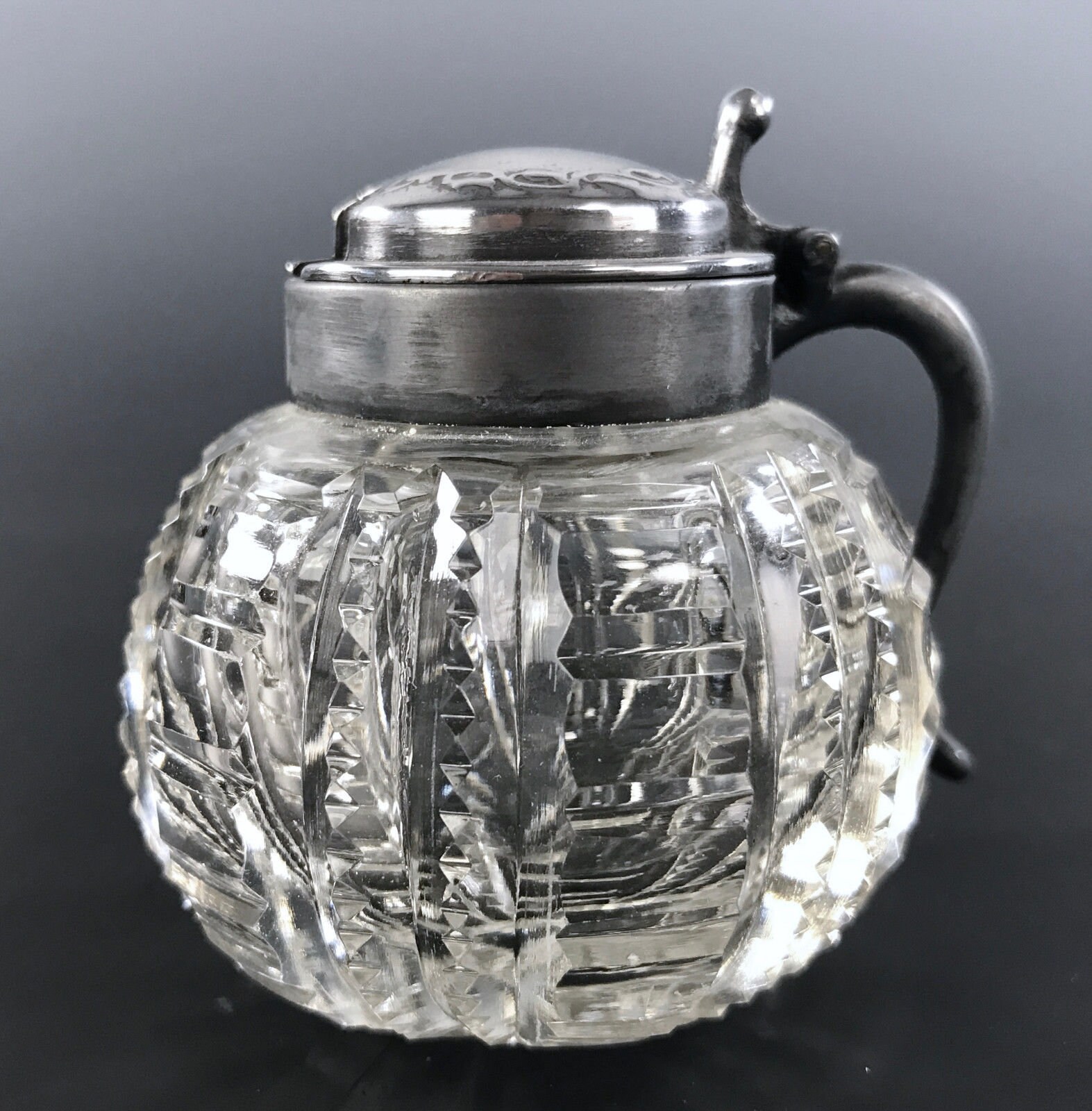 American Brilliant Cut Glass Mustard Pot Silverplated Top