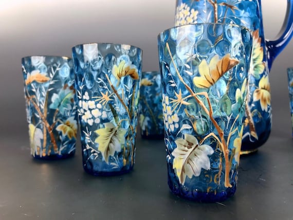 Antique Victorian Champagne Set Blue Coinspot Enameled Pitcher 9 Matching Tumblers