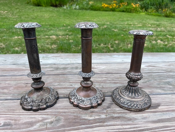 Antique English OSP Old Sheffield Plate Candlesticks 3 pcs (1 pr + 1)