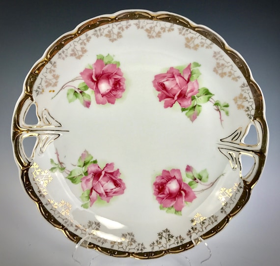 Antique VICTORIAN CAKE PLATE German Porcelain with Rose Decoration Gilding