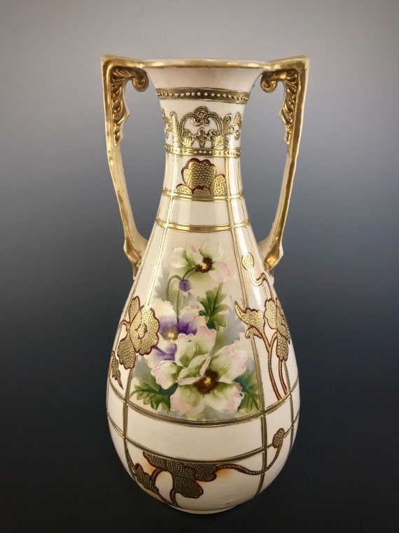 Antique German Aesthetic Period Mantle Vase Hand Painted Poppy Decoration