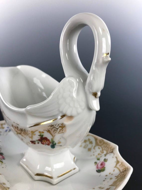 Antique OLD PARIS PORCELAIN Swan Handle Sauceboat Shaped Underplate Gilded Flowers