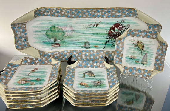 Spectacular HAVILAND & CO Aesthetic Victorian Fish Service Wonderful Sea Life and Beautiful Rolled Handkerchief Effect 1 Platter - 12 Plates