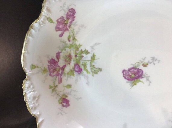 Antique J. POUYAT LIMOGES Low Bowl W Purple & White Poppy Design Gilt Rim Decoration