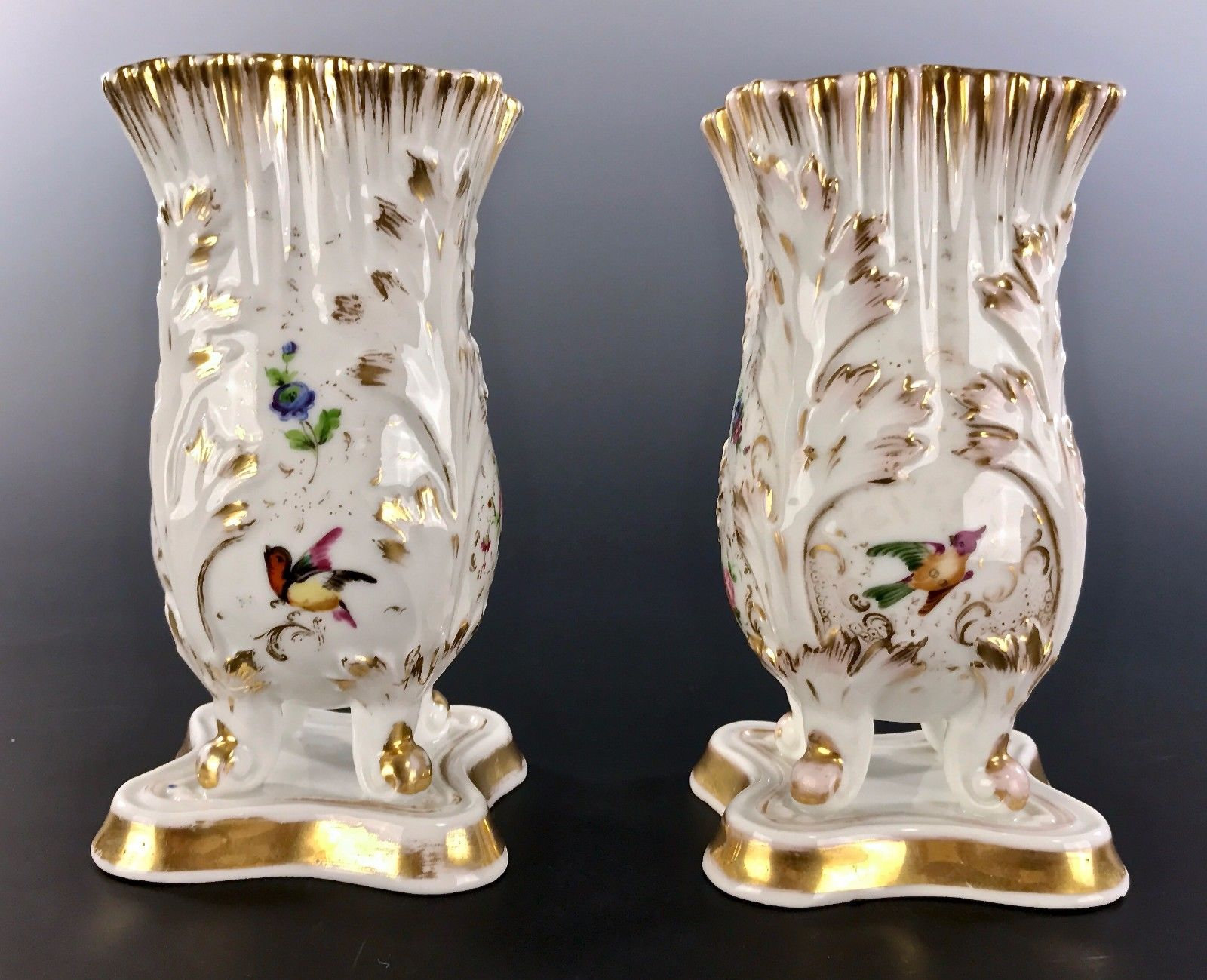 Antique OLD PARIS PORCELAIN Mantle Vases Hand Painted Birds Flowers