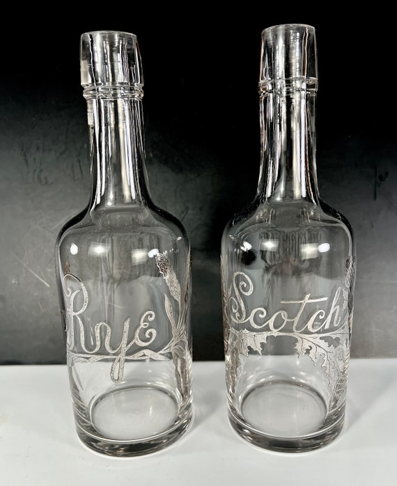 Antique Bar Spirits Bottles SCOTCH and RYE w silver Botanical Decoration 2 PCS