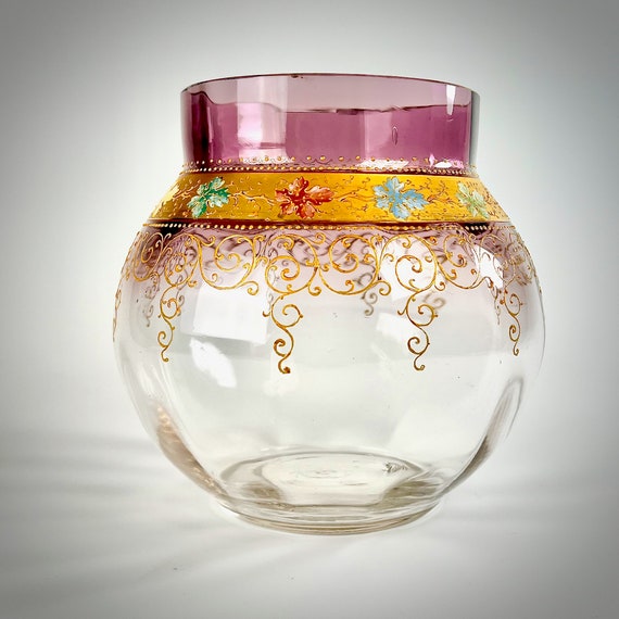 Antique MOSER Bohemian Mouth Blown Vase Enameled Leaf Decoration Gilded Accents