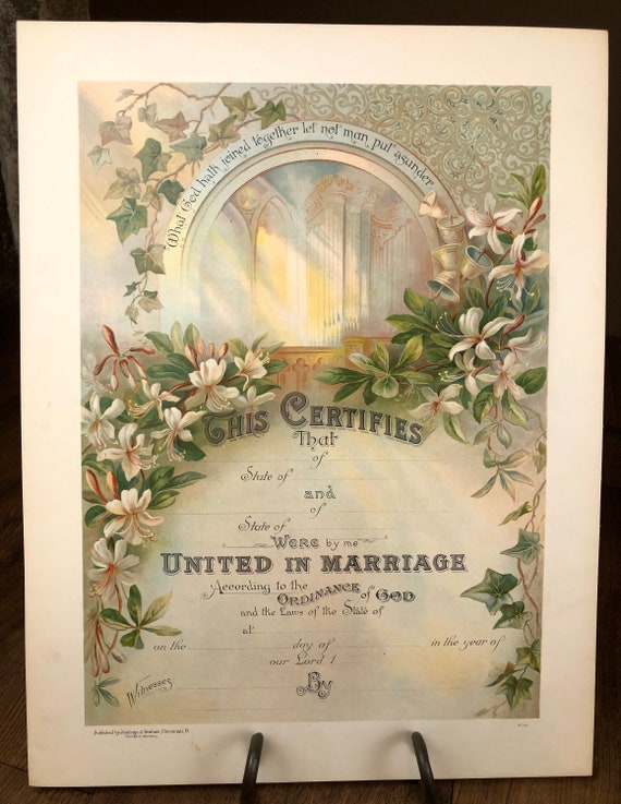 Antique Original Victorian Marriage Certificate Unused NOS New Old Stock Lithograph with Honeysuckle and Ivy and Church