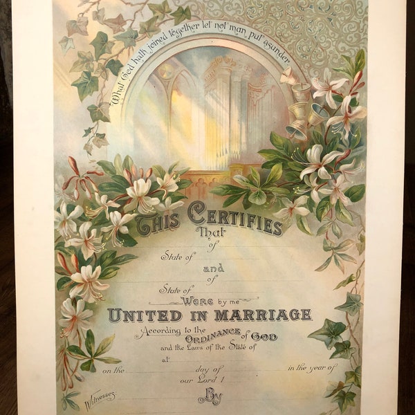 Antique Original Victorian Marriage Certificate Unused NOS New Old Stock Lithograph with Honeysuckle and Ivy and Church