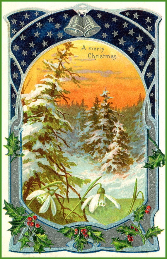 Edwardian Chromolithograph Postcard Art CHRISTMAS with Winter Snow and Holly DIGITAL DOWNLOAD