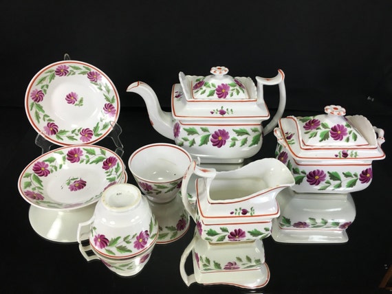 Antique Georgian ADAMS ROSE English Porcelain Tea Set Hand Painted Flowers circa 1820