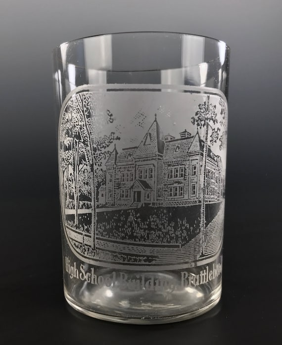 Antique BRATTLEBORO VT Old High School Drinking Souvenir Glass BHS Etched Design