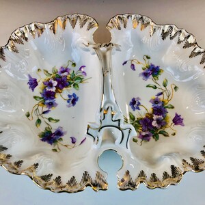Antique VICTORIA CARLSBAD AUSTRIA Double Dish Blue and Purple Clematis Decoration