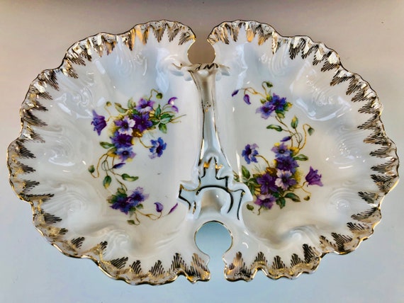Antique VICTORIA CARLSBAD AUSTRIA Double Dish Blue and Purple Clematis Decoration