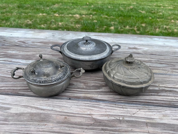 Antique Early Pewter 3 Covered Dishes - ALL DIFFERENT LOT