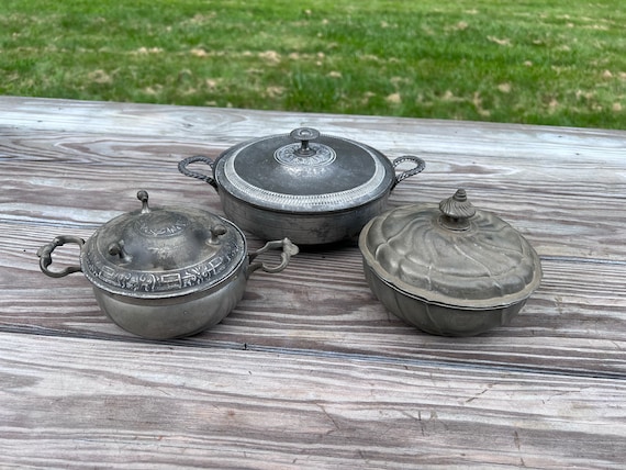 Antique Early Pewter 3 Covered Dishes - ALL DIFFERENT LOT