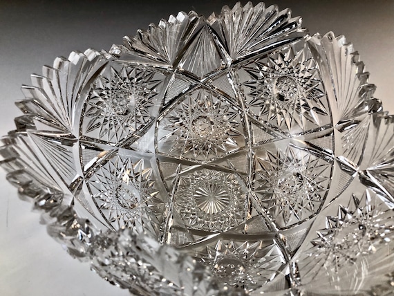 MT WASHINGTON "Thalma" Pattern American Brilliant Three-sided Cut Glass Bowl Very Large at 4.25" by 8.5"