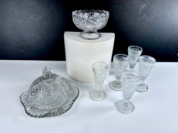 Antique EAPG Miniature Punch Bowl Butter Dome Stemware Children's Set Dollhouse