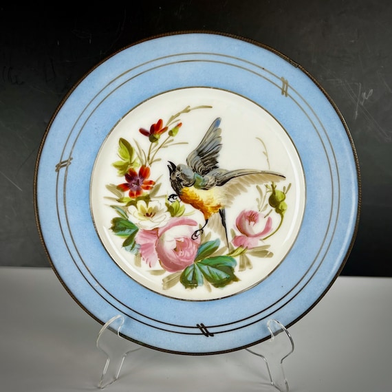 Antique Old Paris Porcelain Hand Painted Plate with Bird and Flowers