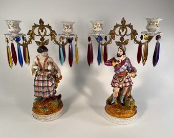 Antique Candleabra Scottish Figures on Porcelain w Multicolored Prisms Likely German-made Circa 1860